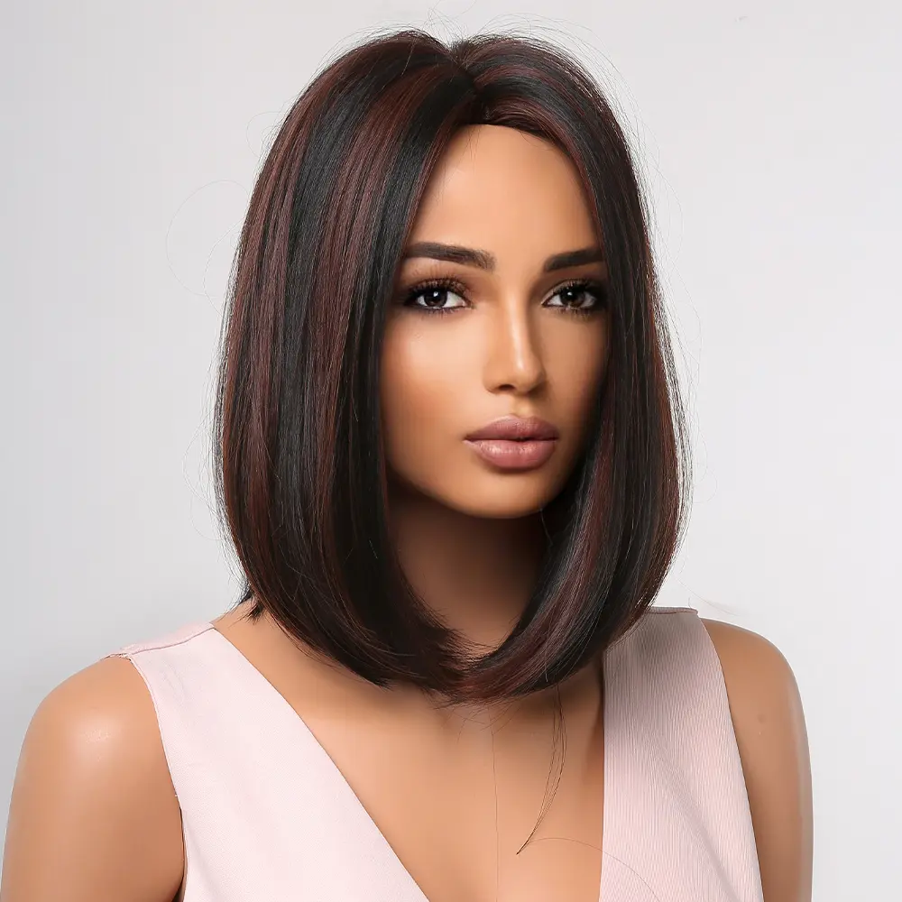 Short Bob Synthetic Wigs for Women Dark Brown With Red Brown Highlights Straight Hair Wigs for Daily Party Heat Resistant Fiber