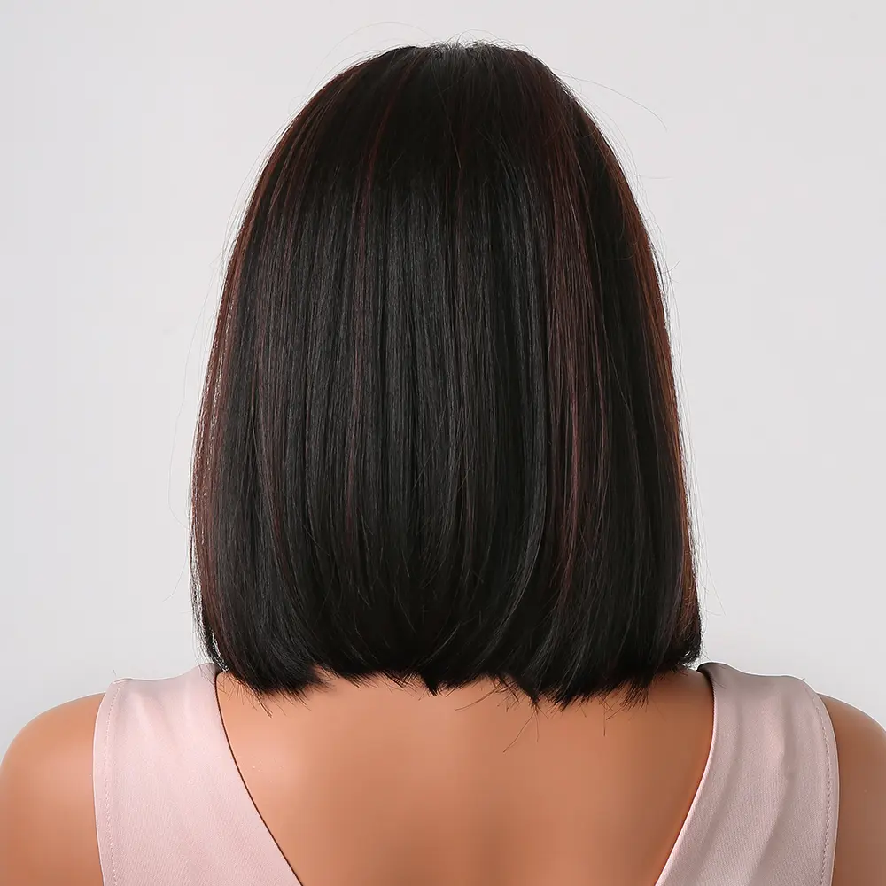 Short Bob Synthetic Wigs for Women Dark Brown With Red Brown Highlights Straight Hair Wigs for Daily Party Heat Resistant Fiber