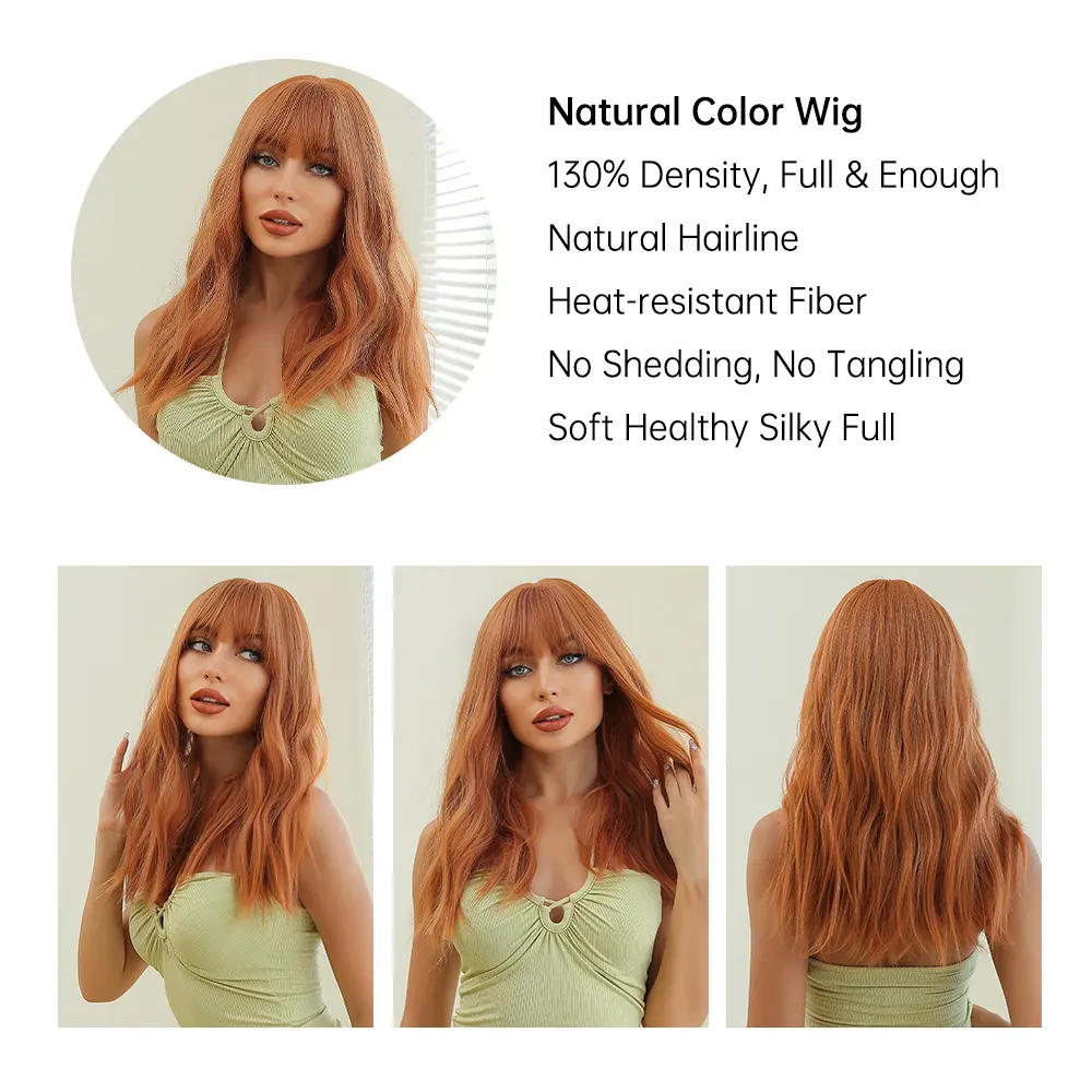 LOUIS FERRE Orange Body Wave Synthetic Wigs With Bangs Long Copper Curly Hair Wig Colorful Cosplay Costume Heat Resistant Fiber