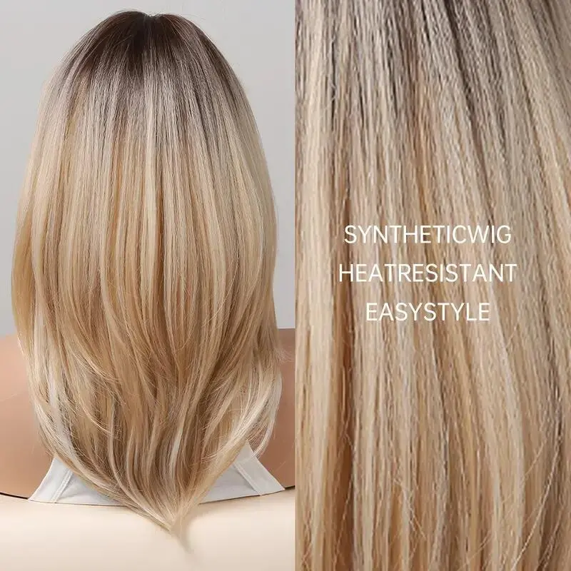 Brown Blonde Ombre Synthetic Wigs With Eight Character Bangs For Women Daily Cosplay Medium Length Straight Wig Heat Resistant