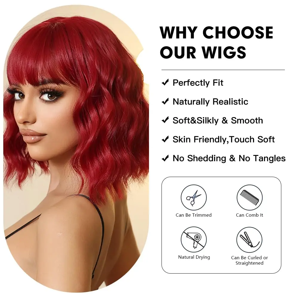 LOUIS FERRE Red Synthetic Wigs for Women Short Wavy Bob Wig with Bangs for Women Short Curly Wave Wigs Heat Resistant Fiber Hair