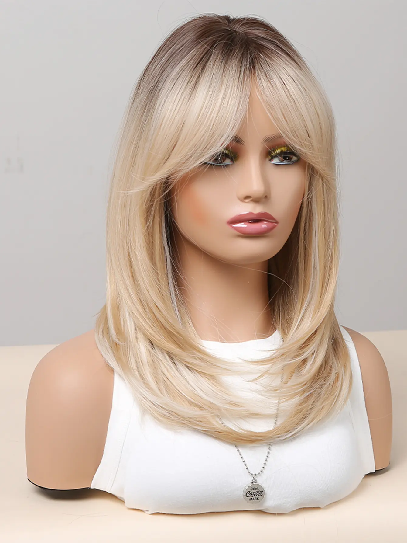 Brown Blonde Ombre Synthetic Wigs With Eight Character Bangs For Women Daily Cosplay Medium Length Straight Wig Heat Resistant
