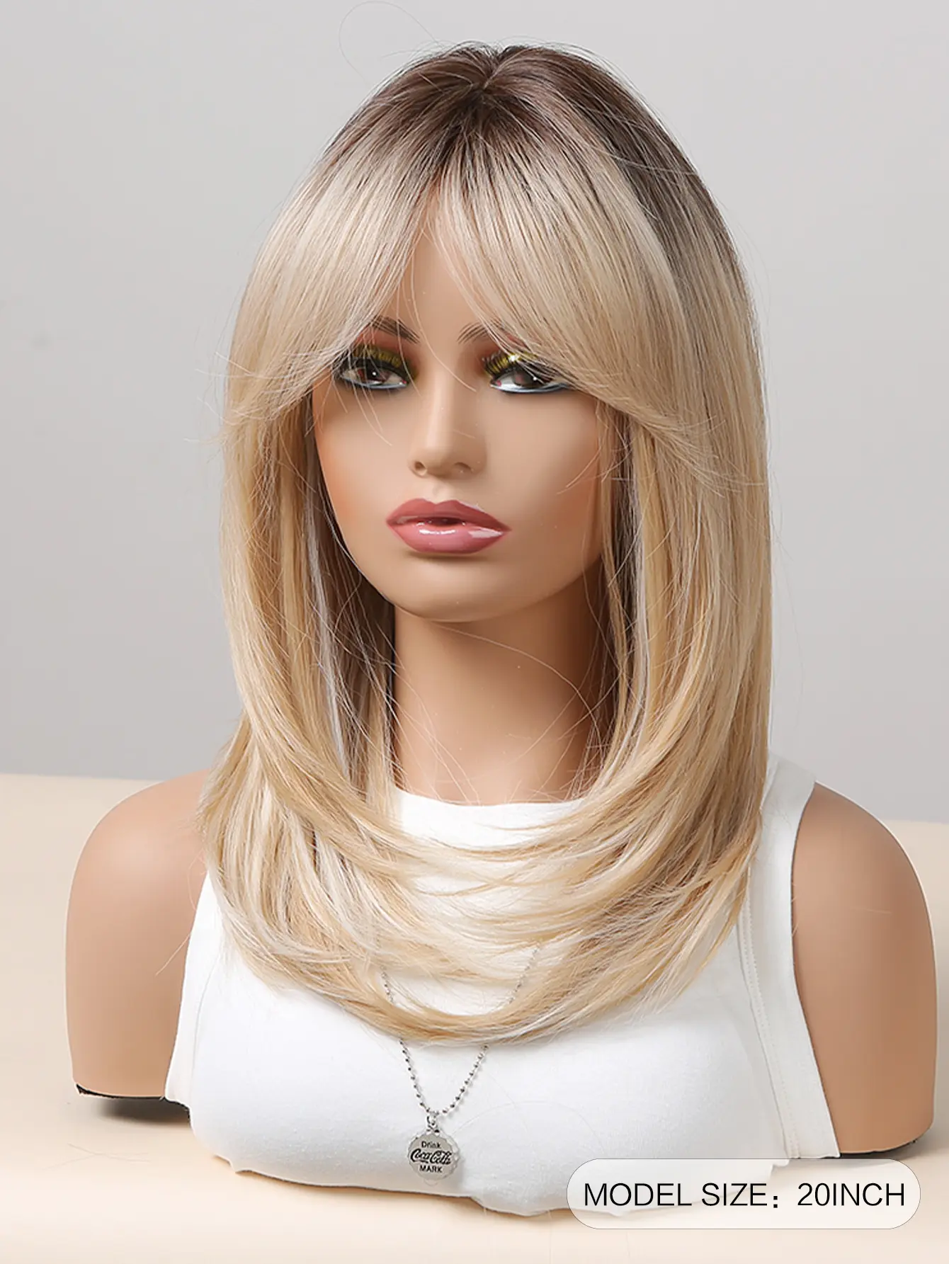 Brown Blonde Ombre Synthetic Wigs With Eight Character Bangs For Women Daily Cosplay Medium Length Straight Wig Heat Resistant