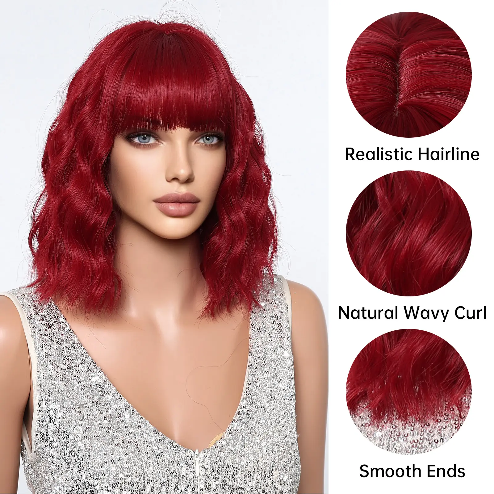 LOUIS FERRE Red Synthetic Wigs for Women Short Wavy Bob Wig with Bangs for Women Short Curly Wave Wigs Heat Resistant Fiber Hair