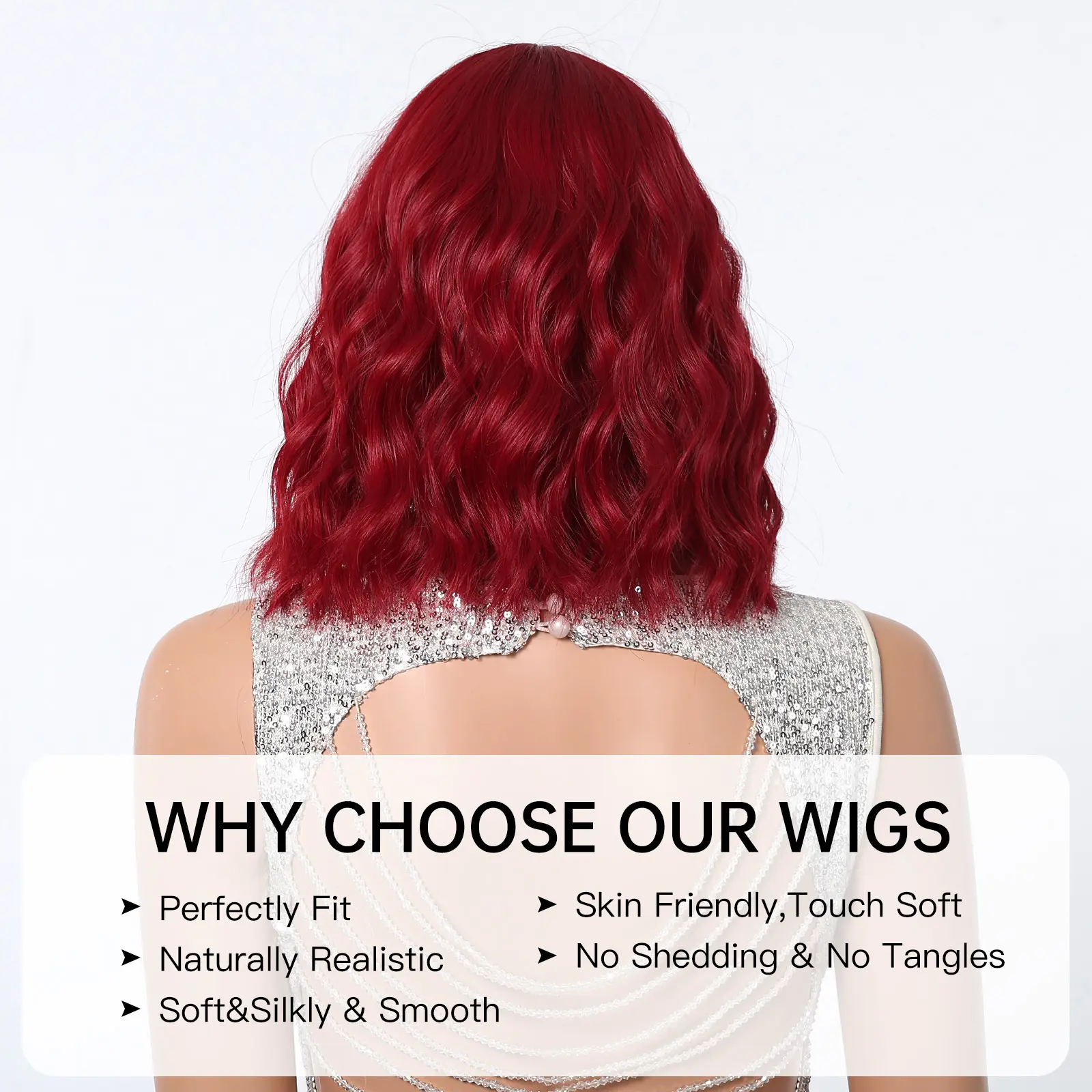 LOUIS FERRE Red Synthetic Wigs for Women Short Wavy Bob Wig with Bangs for Women Short Curly Wave Wigs Heat Resistant Fiber Hair