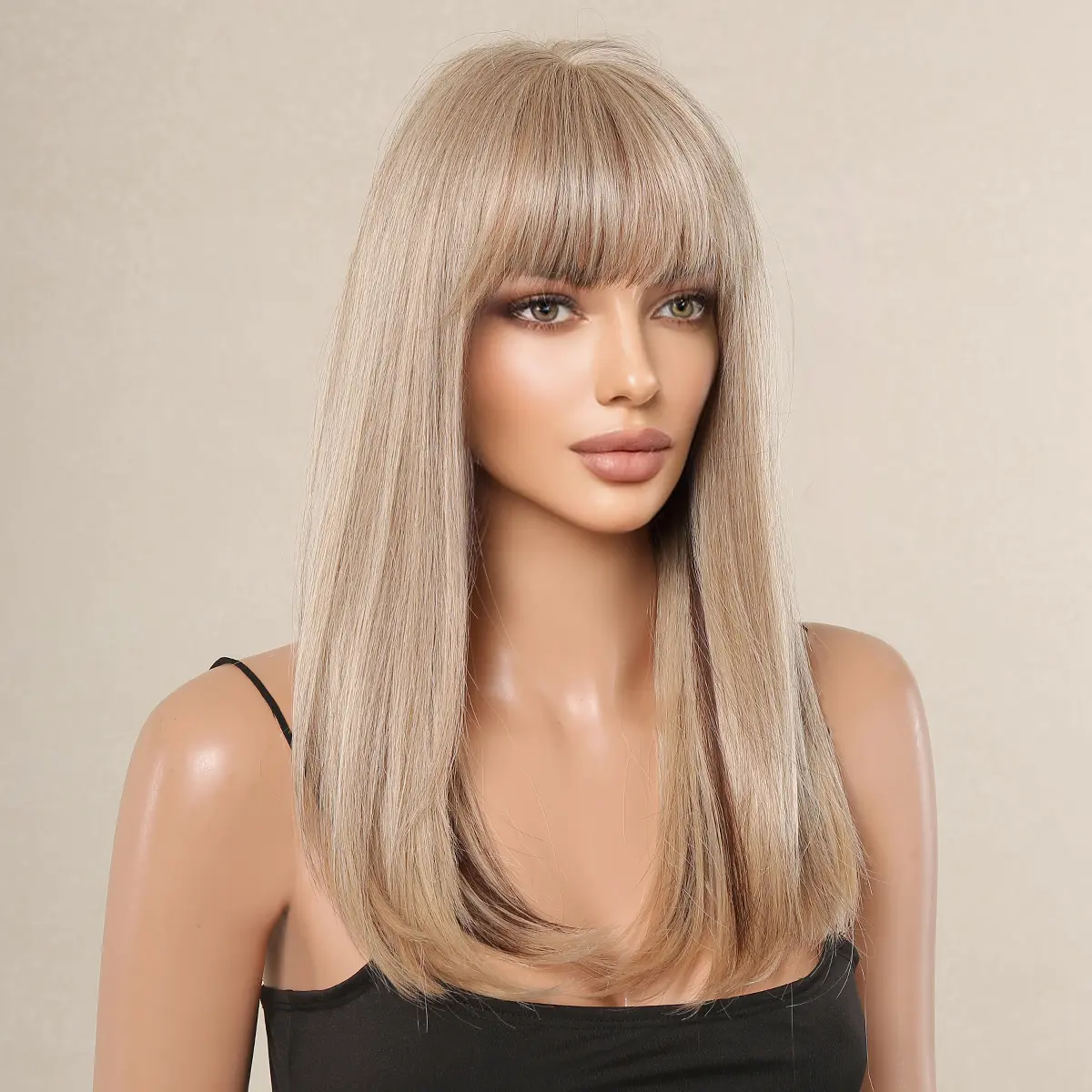 LOUIS FERRE Ash Blonde Natural Synthetic Wigs Medium Straight Hair Wig With Bangs For Women Daily Party Use Heat Resistant Fiber