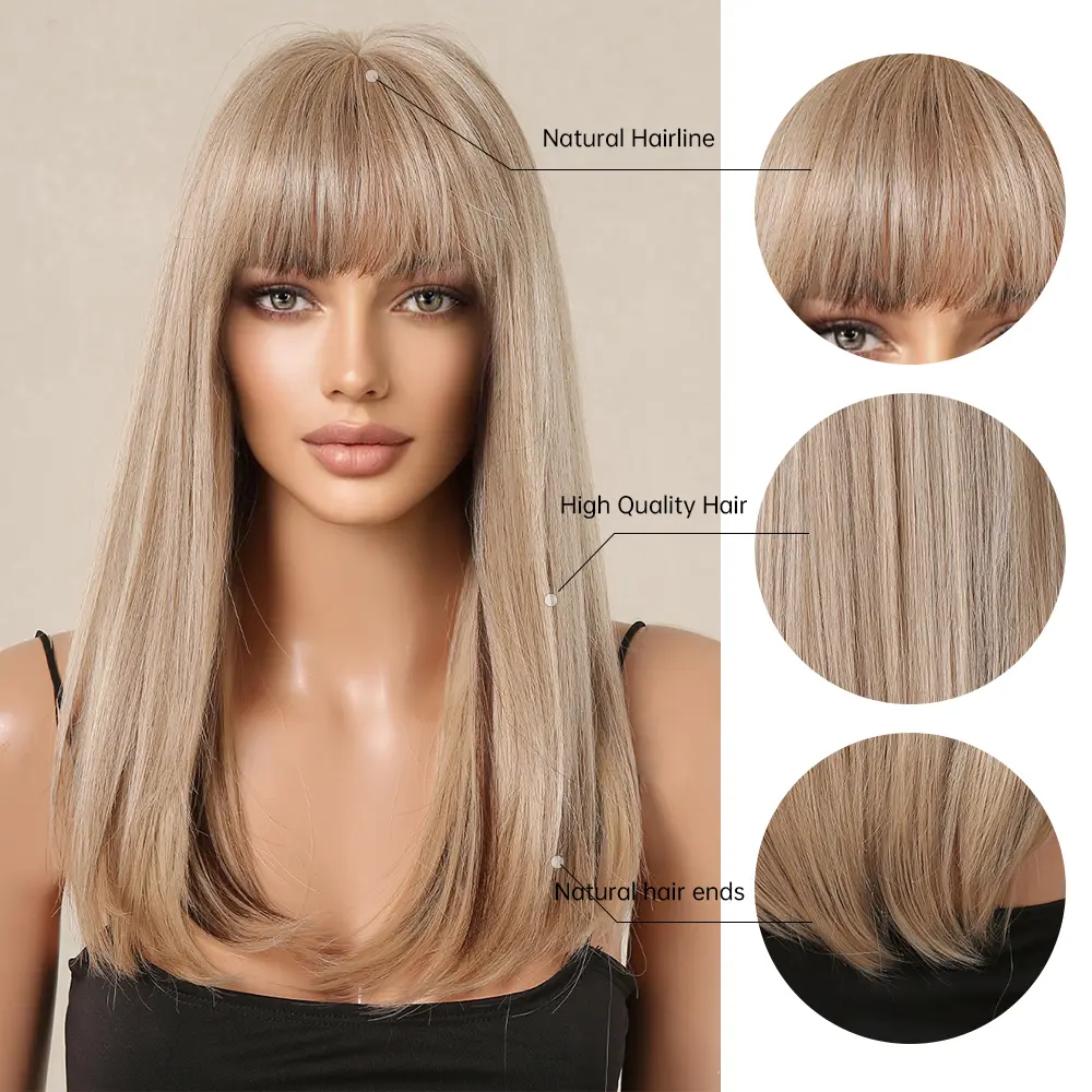 LOUIS FERRE Ash Blonde Natural Synthetic Wigs Medium Straight Hair Wig With Bangs For Women Daily Party Use Heat Resistant Fiber
