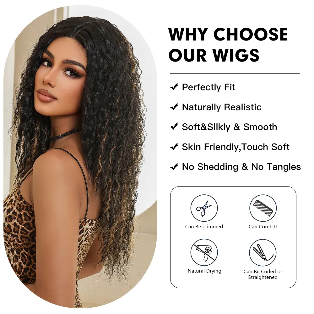 LOUIS FERRE Deep Wave T Part Lace Frontal Synthetic Wigs for Women Black With Blonde Highlights Curly Wigs Afro African Hair Wig