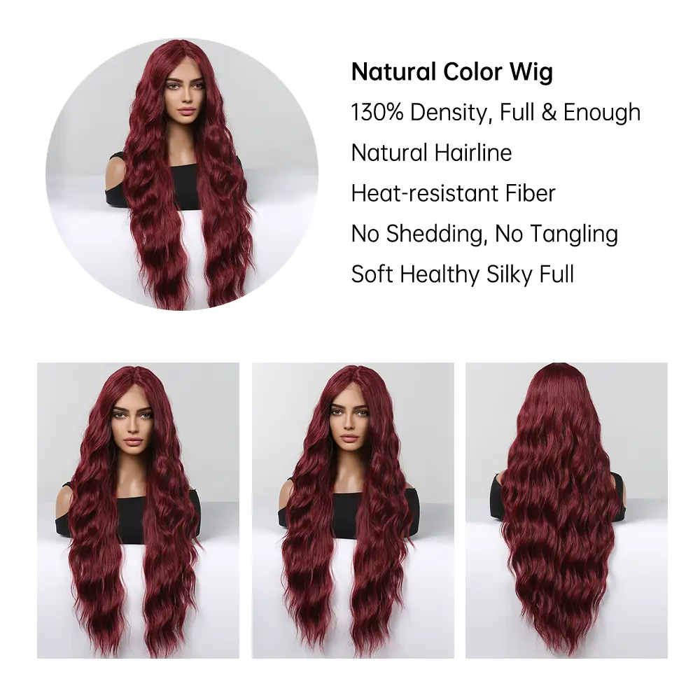 LOUIS FERRE Synthetic Lace Wigs for Afro Women Long Natural Wave Wine Red Wigs Burgundy Hair Natural Hairline Heat Resistant Wig