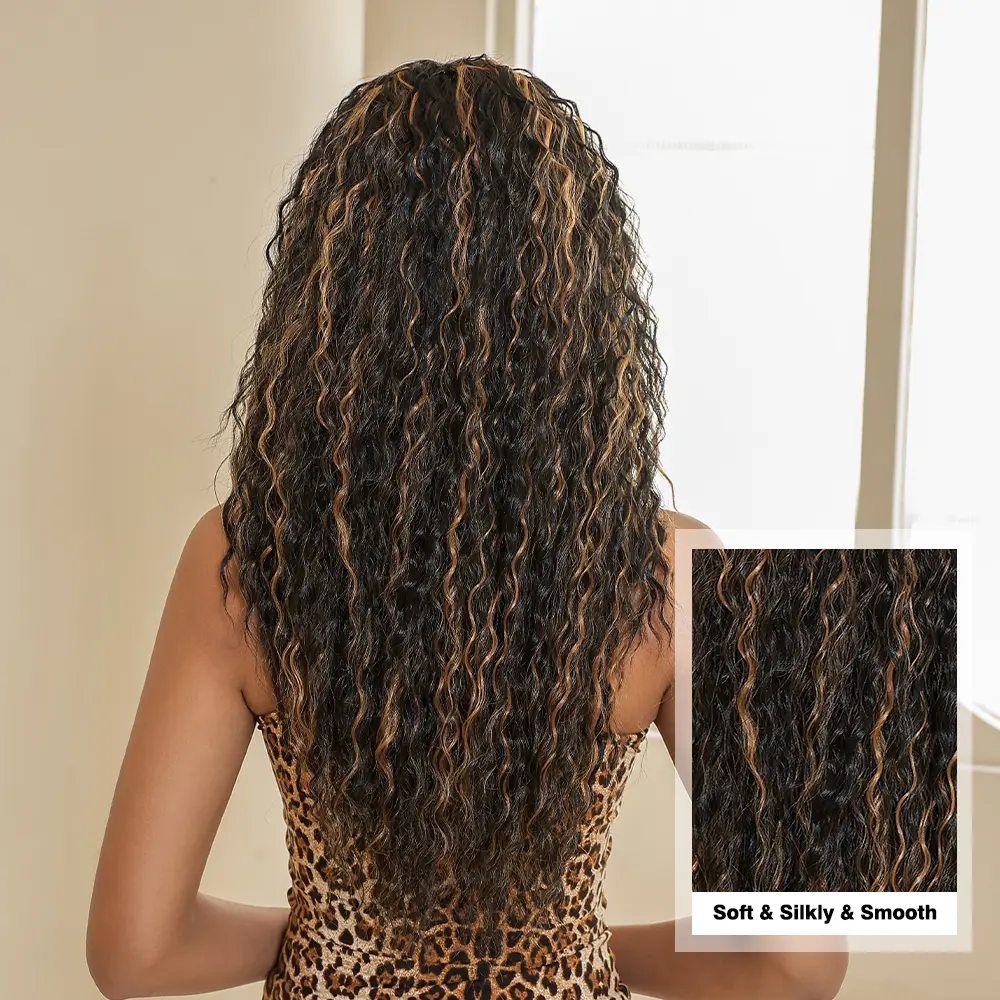 LOUIS FERRE Deep Wave T Part Lace Frontal Synthetic Wigs for Women Black With Blonde Highlights Curly Wigs Afro African Hair Wig