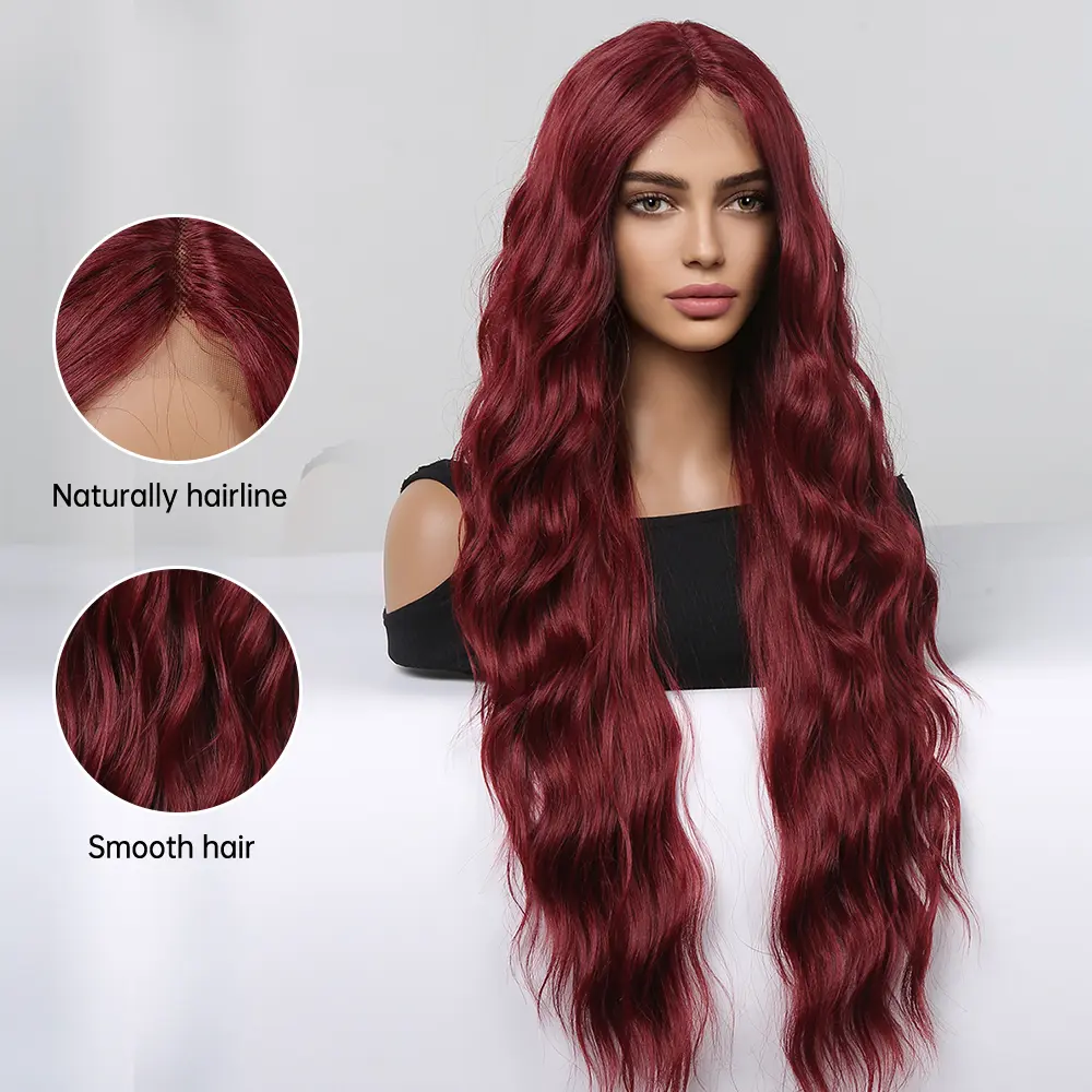 LOUIS FERRE Synthetic Lace Wigs for Afro Women Long Natural Wave Wine Red Wigs Burgundy Hair Natural Hairline Heat Resistant Wig