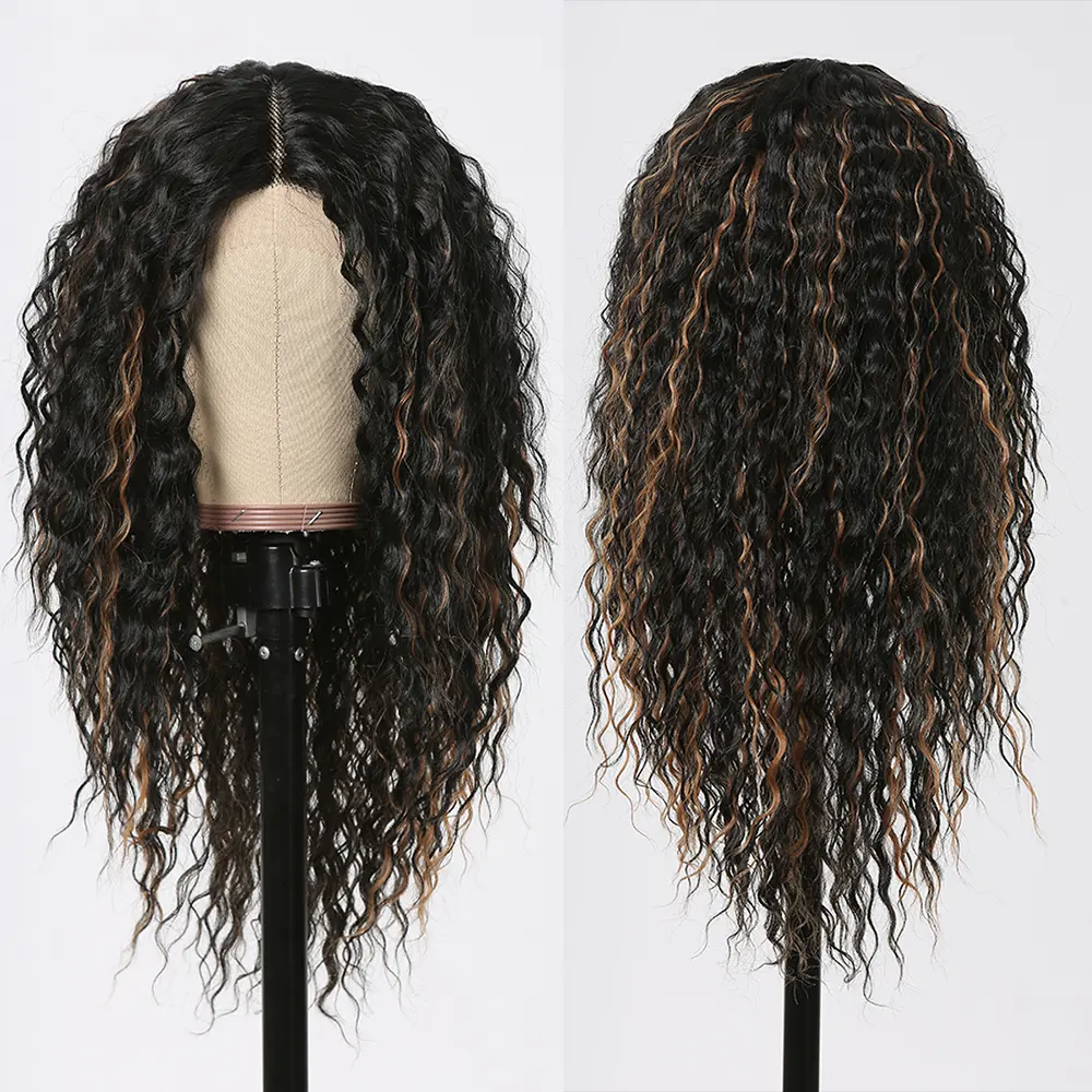 LOUIS FERRE Deep Wave T Part Lace Frontal Synthetic Wigs for Women Black With Blonde Highlights Curly Wigs Afro African Hair Wig