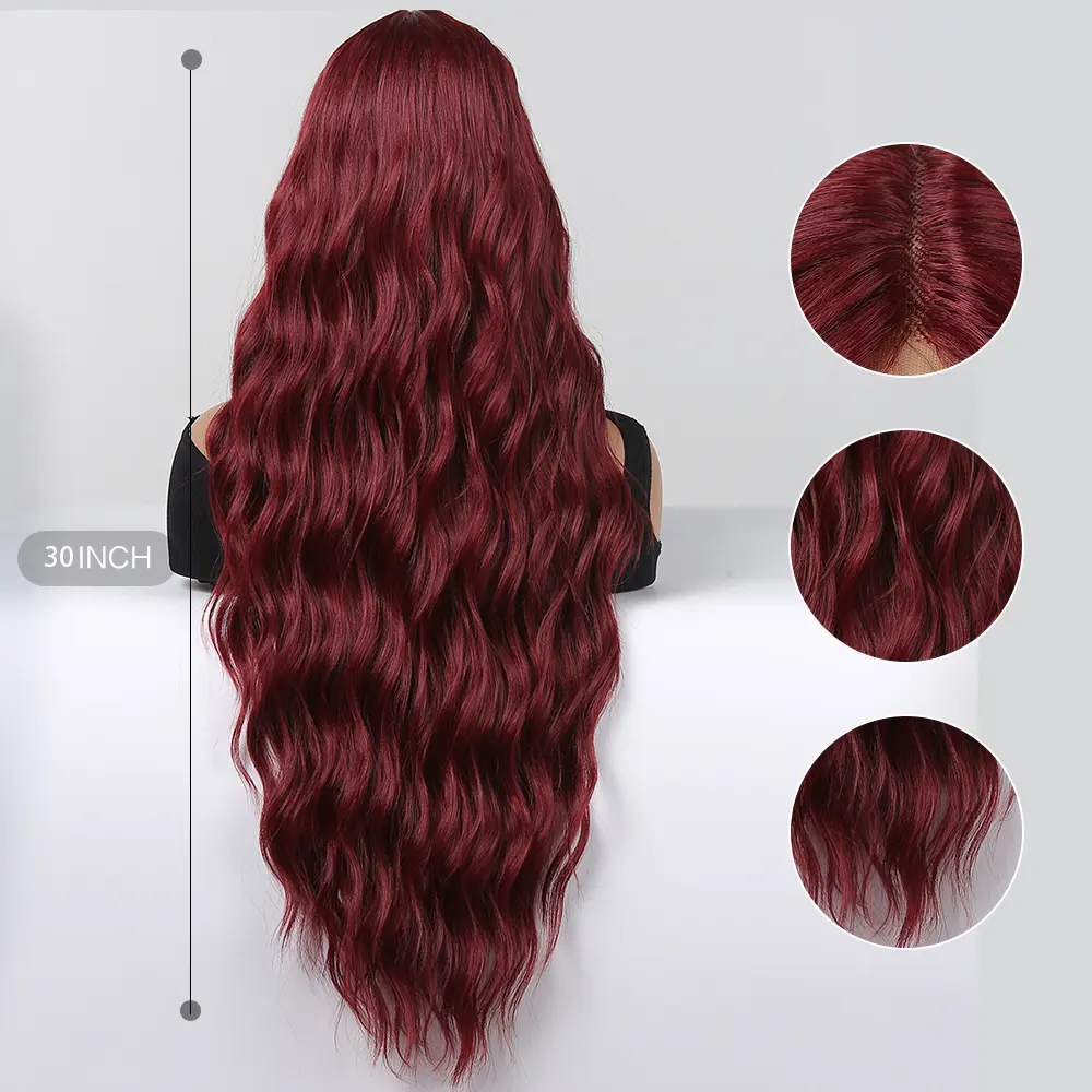 LOUIS FERRE Synthetic Lace Wigs for Afro Women Long Natural Wave Wine Red Wigs Burgundy Hair Natural Hairline Heat Resistant Wig
