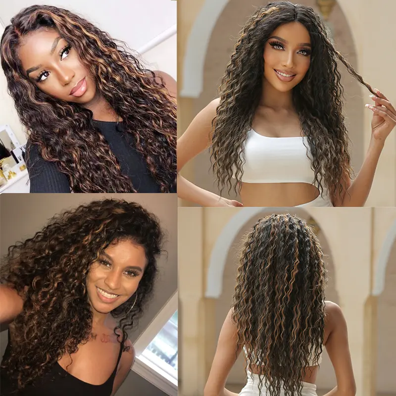 LOUIS FERRE Deep Wave T Part Lace Frontal Synthetic Wigs for Women Black With Blonde Highlights Curly Wigs Afro African Hair Wig