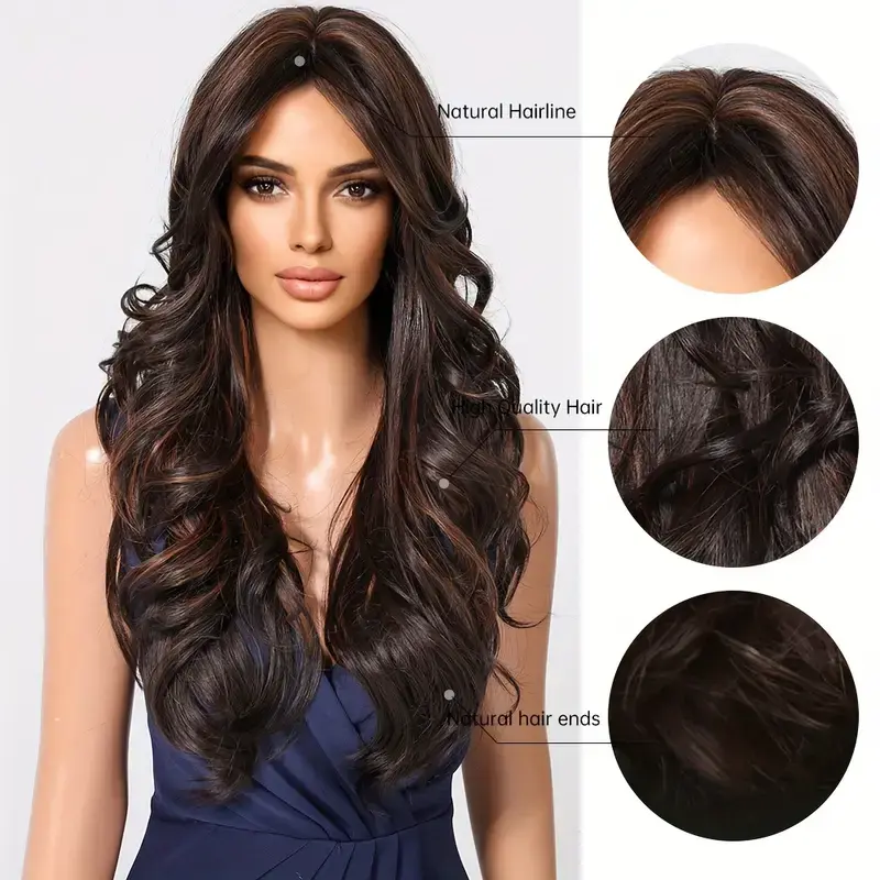 Brown Synthetic Wig With Ginger Copper Highlights For Women Natural Long Curly Hair Daily Party Cosplay Wig Heat Resistant Fiber