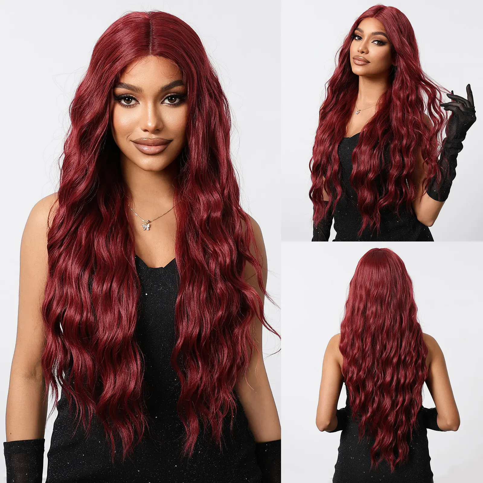 LOUIS FERRE Synthetic Lace Wigs for Afro Women Long Natural Wave Wine Red Wigs Burgundy Hair Natural Hairline Heat Resistant Wig