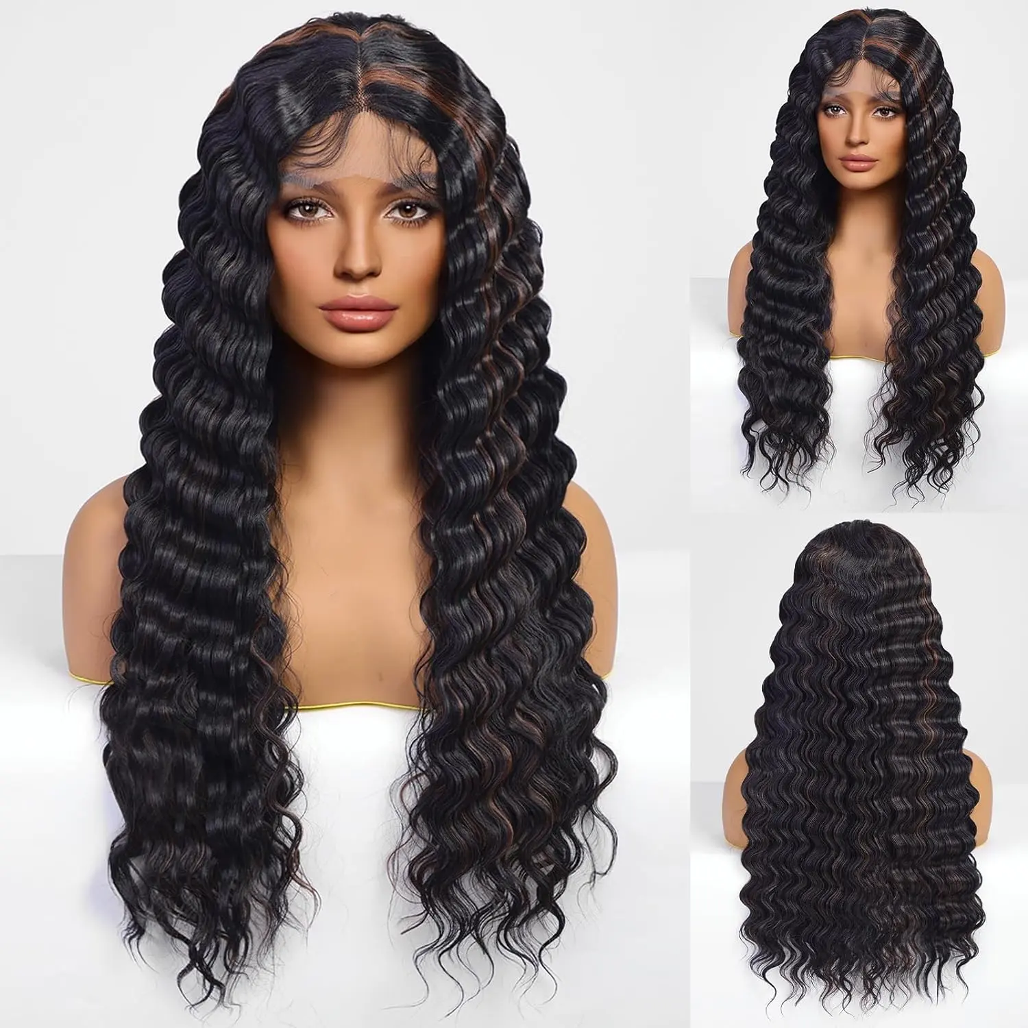 Long Loose Deep Wave Synthetic Wigs for Women Black Brown Blonde Highlights Wigs 13*5*1 Lace Front Wigs Daily Cosplay Hair