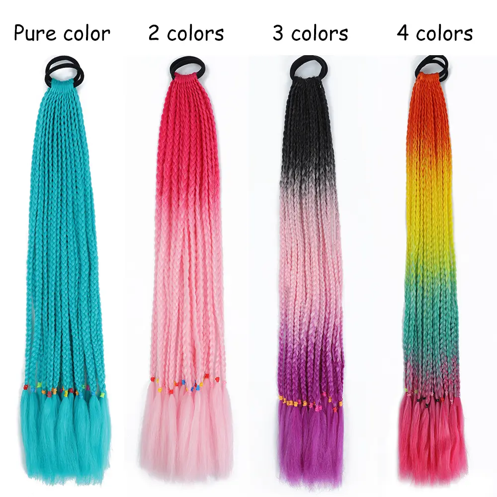 AZQUEEN Synthetic Braided Ponytail Hair Extensions With Rubber Band Gradient Colorful Long Braids Pony Tail For Kids Women