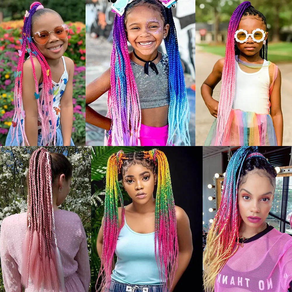 AZQUEEN Synthetic Braided Ponytail Hair Extensions With Rubber Band Gradient Colorful Long Braids Pony Tail For Kids Women