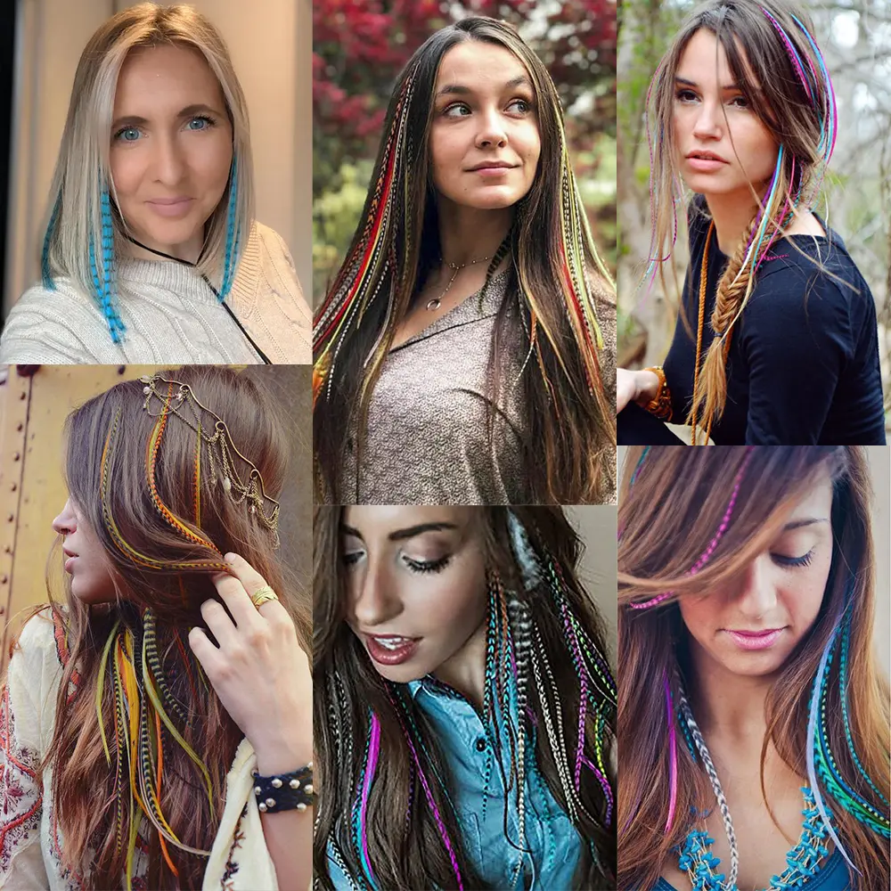 AZQUEEN Fake Hair Colored Strands Of  Feather Hairpiece False Rainbow Overhead Fake Coloring Feather Hair Synthetic