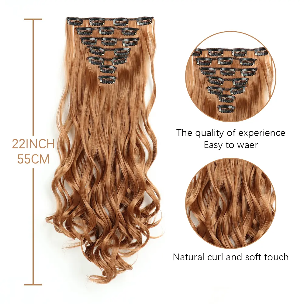 AZQUEEN Long Wavy Synthetic 16 Clip In  Hair Extensions 7Pcs/Set Natural Orange Golden Heat Resistant HairPiece For Women