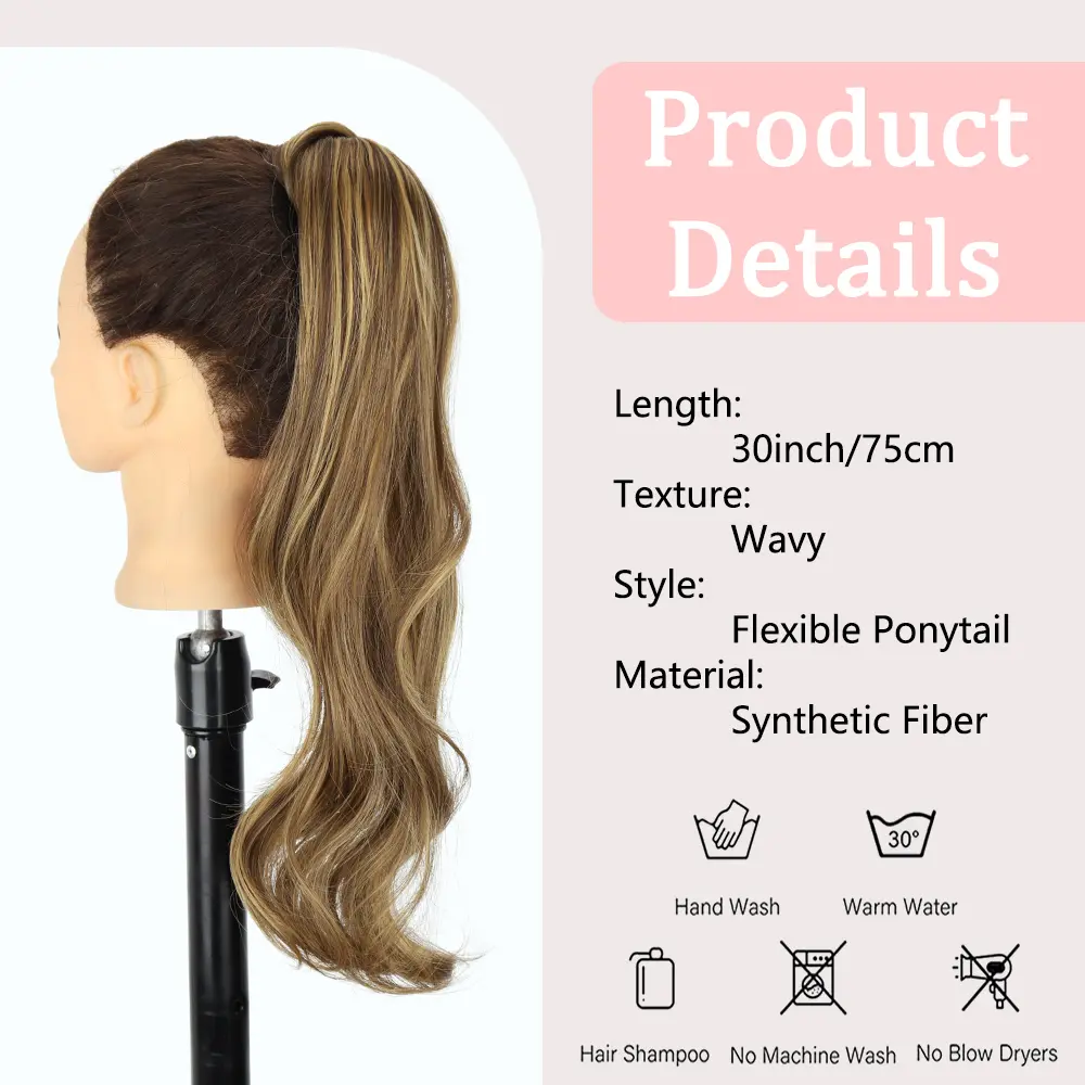 AZQUEEN 30Inch Synthetic PonyTail Long Layered Flexible Wrap Around Fake Tail Hair Extensions Natural Wavy Hairpiece for Women