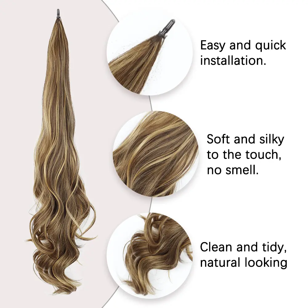 AZQUEEN 30Inch Synthetic PonyTail Long Layered Flexible Wrap Around Fake Tail Hair Extensions Natural Wavy Hairpiece for Women