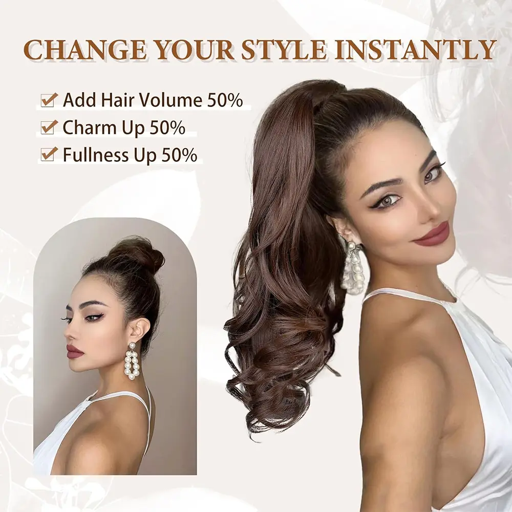 AZQUEEN 30Inch Synthetic PonyTail Long Layered Flexible Wrap Around Fake Tail Hair Extensions Natural Wavy Hairpiece for Women
