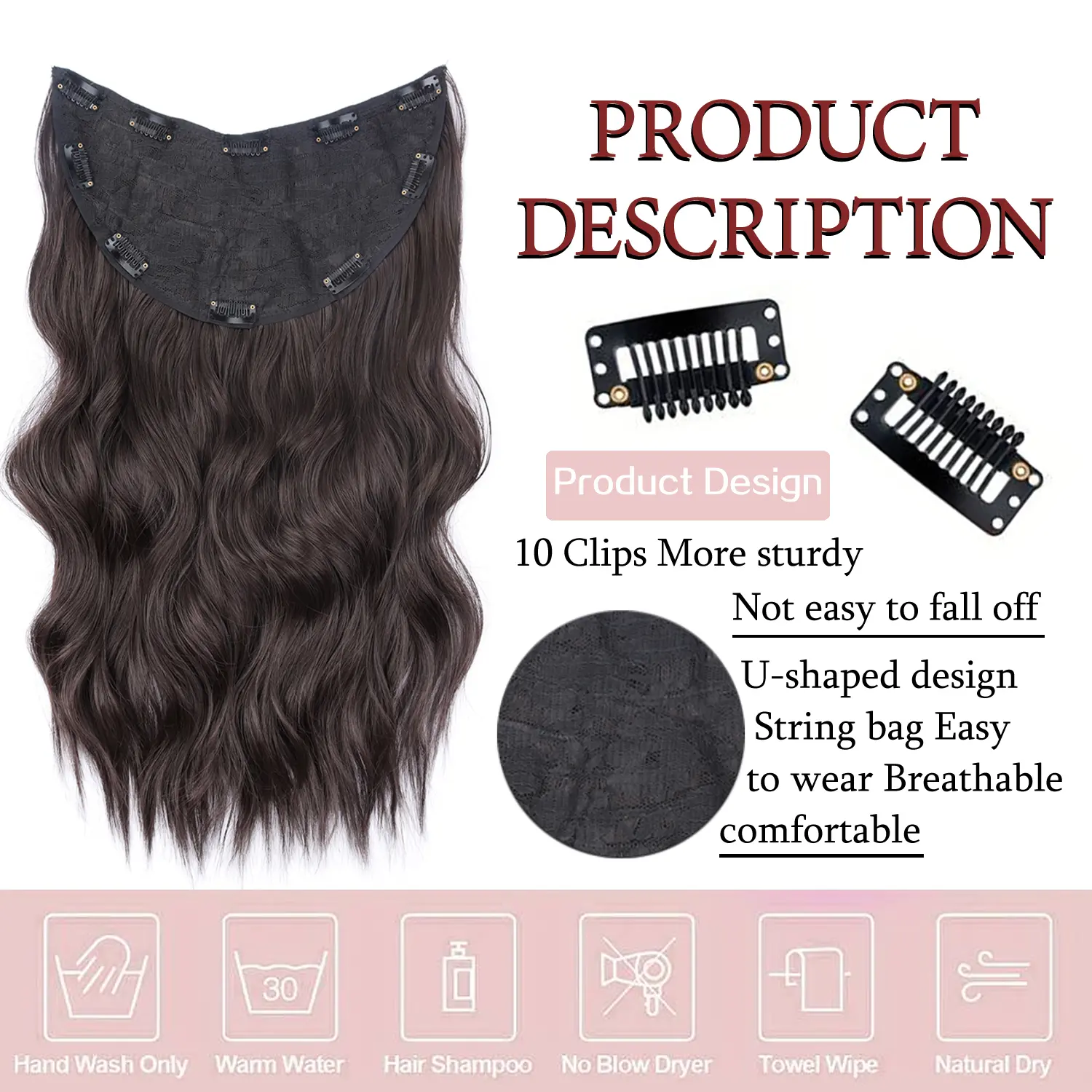 AZQUEEN Synthetic 10 Clip In 22Inch U-Shaped Hair Extensions Wavy Black Blonde Hair Wigs Hair Accessories Suitable For Women