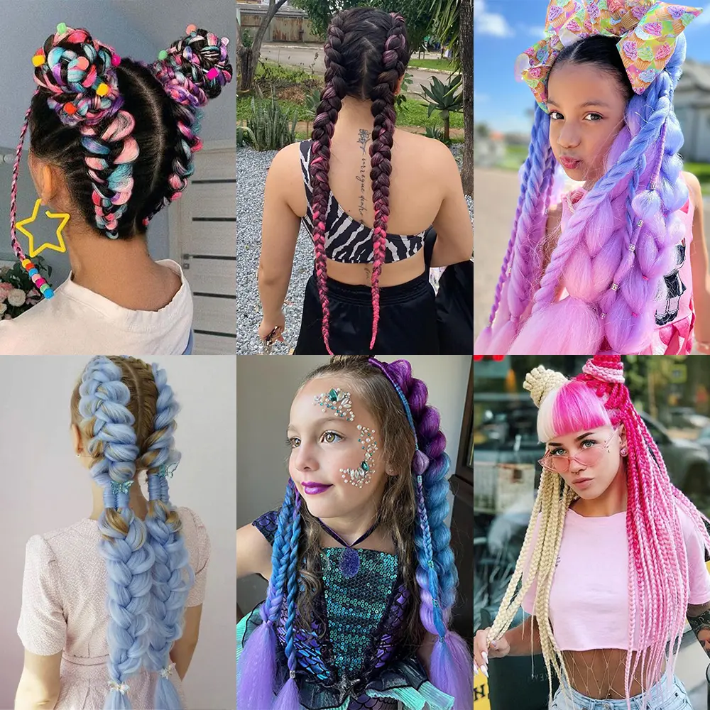 AZQUEEN 24" Colored Jumbo Braiding Hair Synthetic Hair Extensions For Women DIY Crochet Hair Braids Pink Purple Yellow