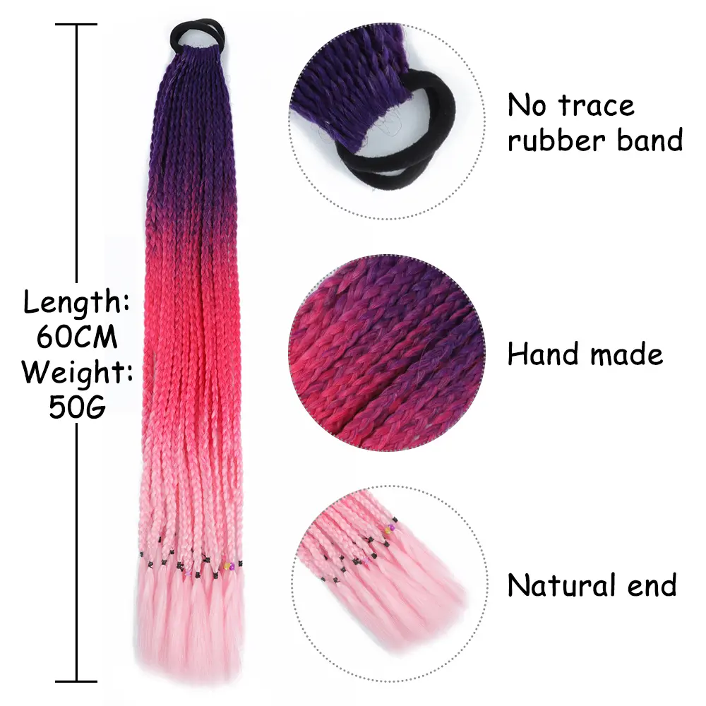 AZQUEEN Synthetic Rainbow Color Braided Ponytail For Girls Hair Elastic Rubber Band 60CM Braid Pony Tail Hair Extensions