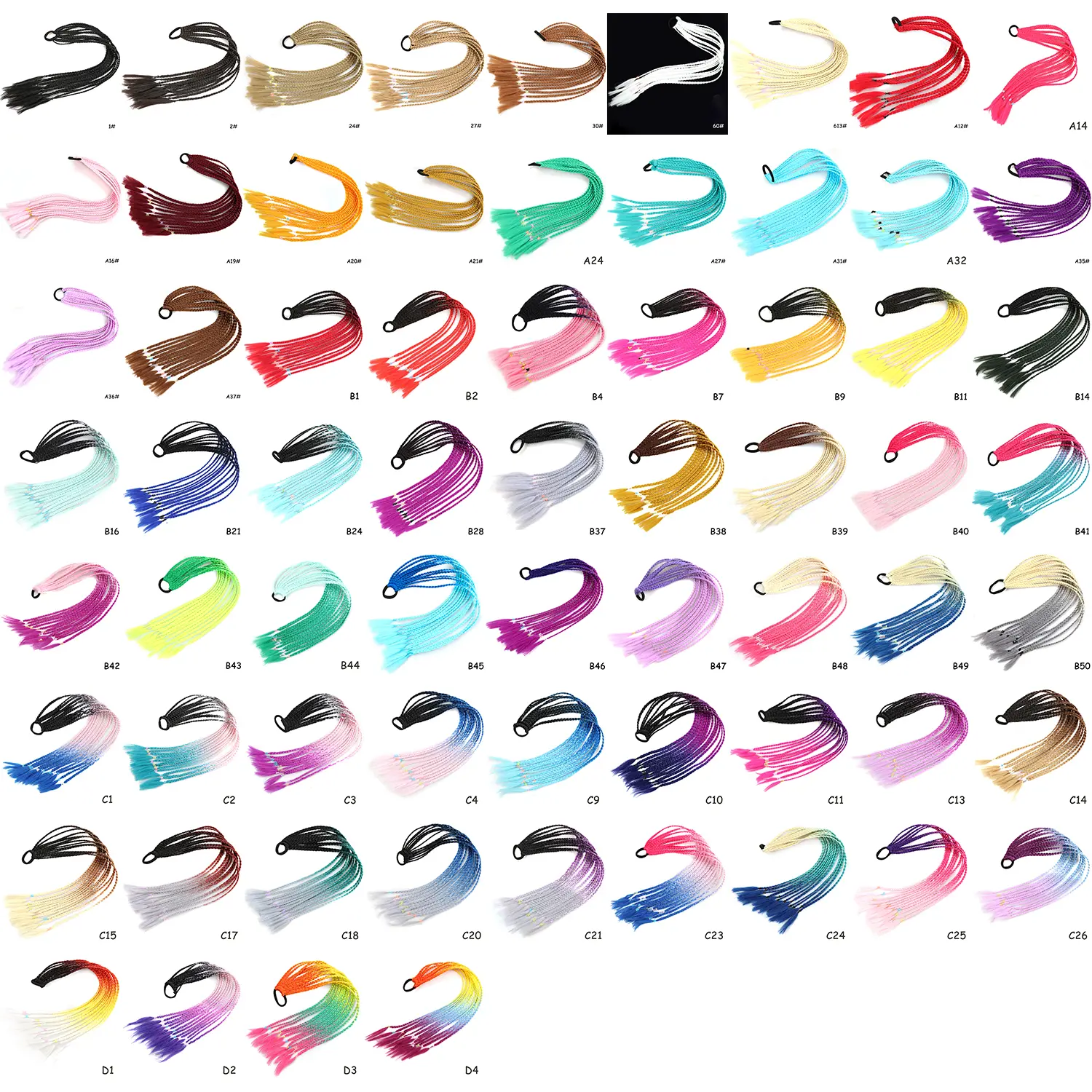 AZQUEEN Synthetic Rainbow Color Braided Ponytail For Girls Hair Elastic Rubber Band 60CM Braid Pony Tail Hair Extensions