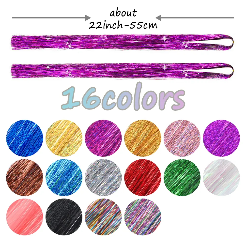 AZQUEEN 16 Colors Shiny Threads Glitter Hair Tinsel Kit Purple Silk Hair Glitter String Extensions Accessories For Women