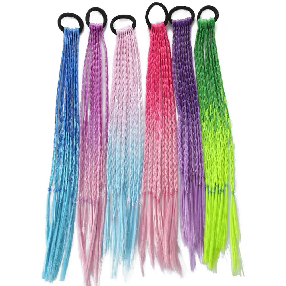 AZQUEEN Synthetic Colored Long Braided Ponytail Extensions With Elastic Band Rainbow Braid Pony Tail Hairpiece For Girl Kids