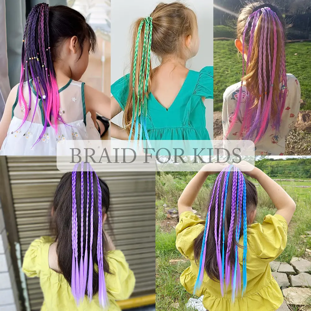 AZQUEEN Synthetic Colored Long Braided Ponytail Extensions With Elastic Band Rainbow Braid Pony Tail Hairpiece For Girl Kids