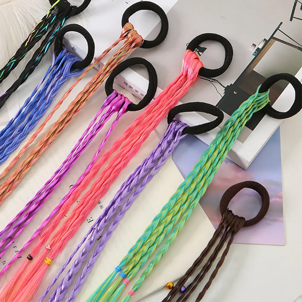 Synthetic Girls Colorful Braids Hair Extensions With Rubber Bands Rainbow Braided Ponytail Hairpieces For Kids Hair Accessories