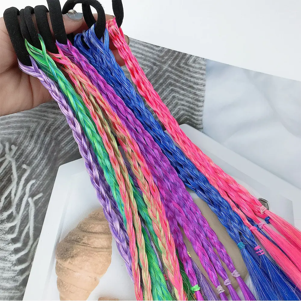 Synthetic Girls Colorful Braids Hair Extensions With Rubber Bands Rainbow Braided Ponytail Hairpieces For Kids Hair Accessories