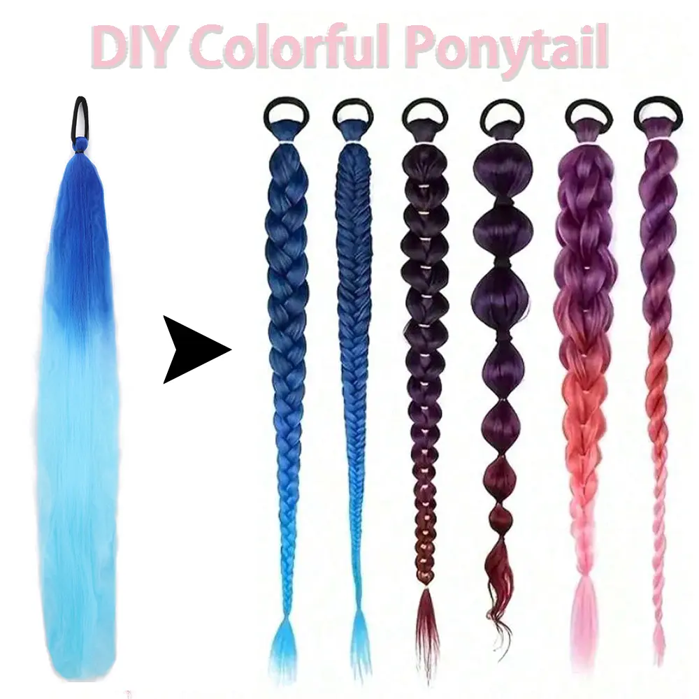 Synthetic 2Pcs/Pack Colorful Braiding Ponytail Hair Extensions 24Inch Straight Ponytail With Elastic Hair Tie Hair Accessories