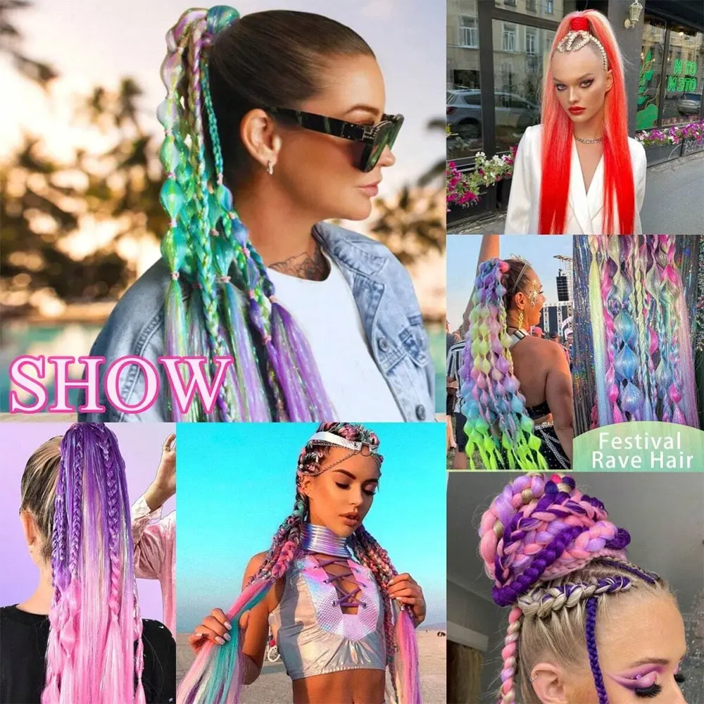 Synthetic 2Pcs/Pack Colorful Braiding Ponytail Hair Extensions 24Inch Straight Ponytail With Elastic Hair Tie Hair Accessories