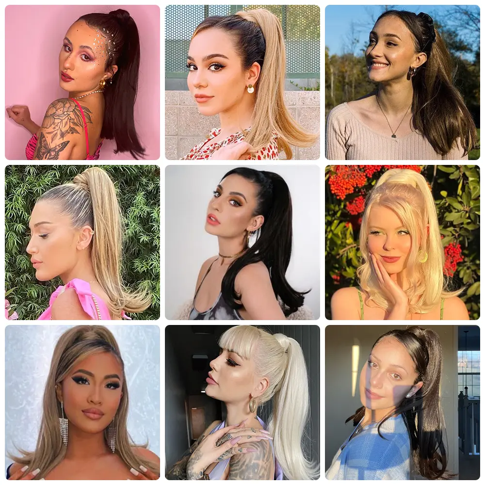 AZQUEEN Synthetic Bounce Wrap Around Ponytail 45CM Straight Clip In Pony Tail Hair Extension Blonde Silver Hairpieces For Women