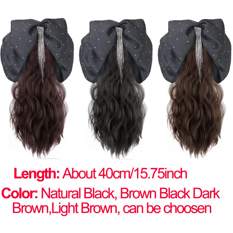 Synthetic Tassel Bow Claw Clip Ponytail For Women 16Inch Claw Curly Ponytail Hair Extensions With Tassel Bowknot Grip Hairpiece