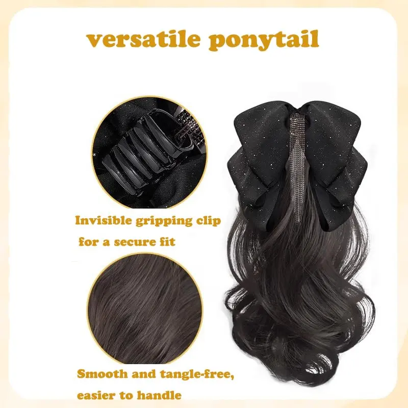 Synthetic Tassel Bow Claw Clip Ponytail For Women 16Inch Claw Curly Ponytail Hair Extensions With Tassel Bowknot Grip Hairpiece