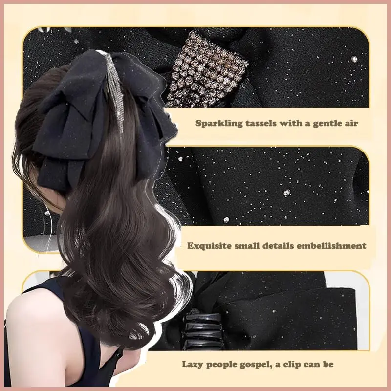 Synthetic Tassel Bow Claw Clip Ponytail For Women 16Inch Claw Curly Ponytail Hair Extensions With Tassel Bowknot Grip Hairpiece