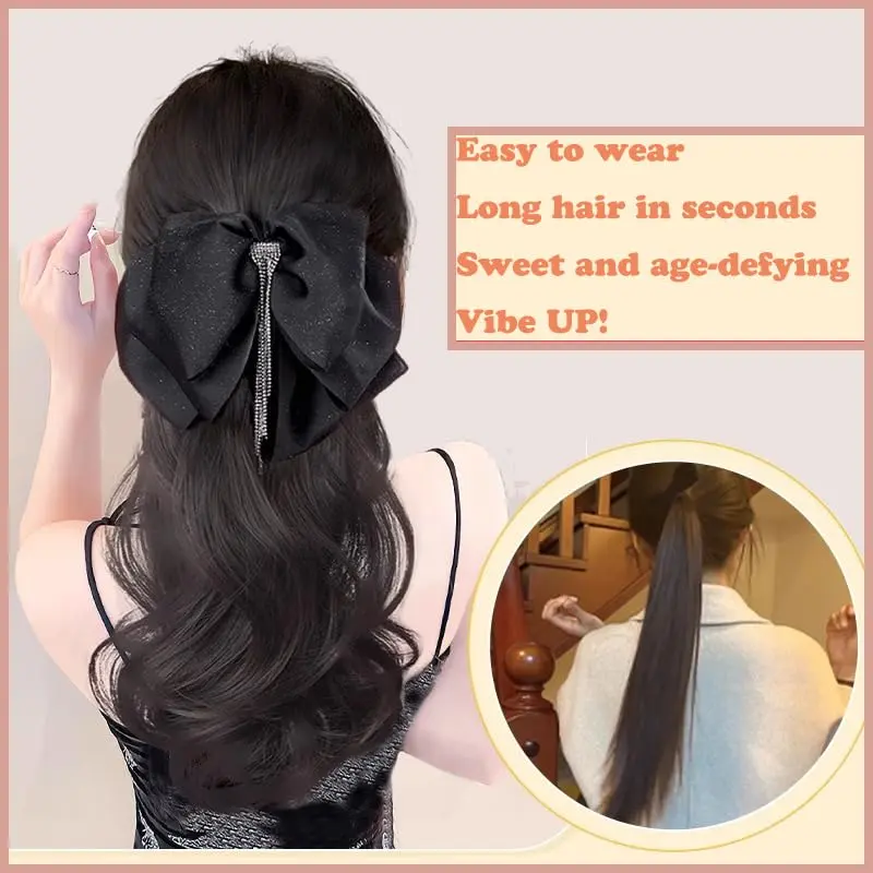 Synthetic Tassel Bow Claw Clip Ponytail For Women 16Inch Claw Curly Ponytail Hair Extensions With Tassel Bowknot Grip Hairpiece