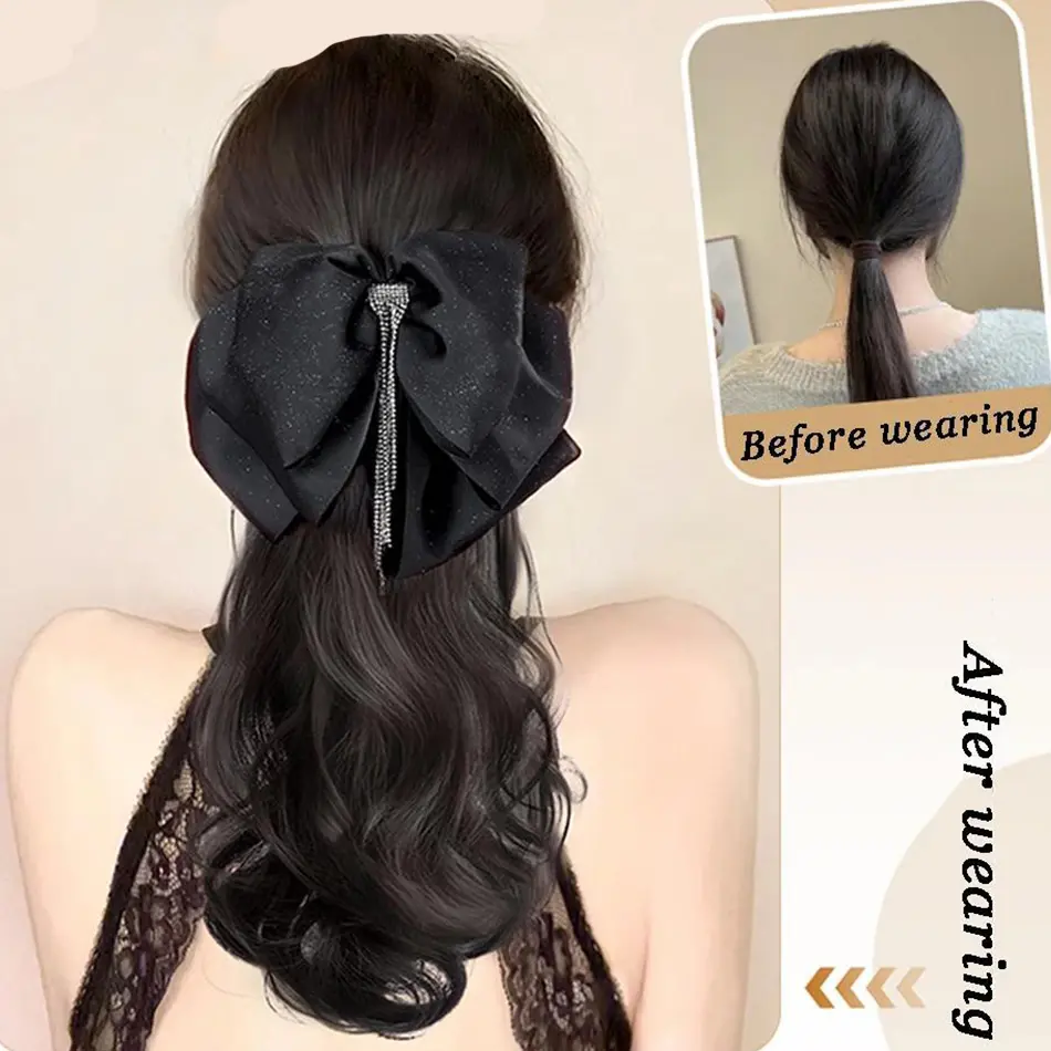 Synthetic Tassel Bow Claw Clip Ponytail For Women 16Inch Claw Curly Ponytail Hair Extensions With Tassel Bowknot Grip Hairpiece