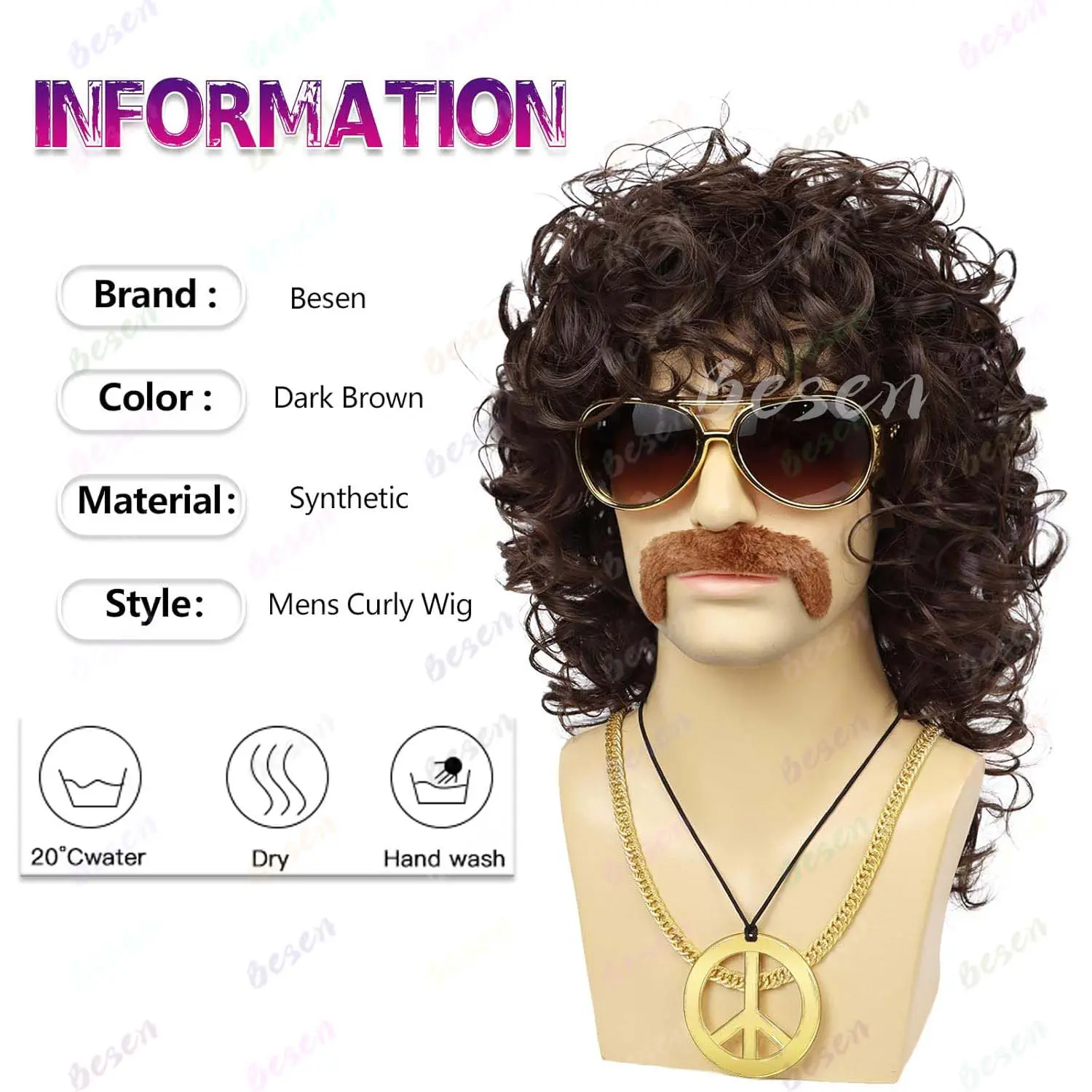 Synthetic Mens Wig Glasses Necklace Mustache Mullet Wig Long Jerry Curly Wigs for 70s Disco Party Cosplay Use(Black,Brown Wig)