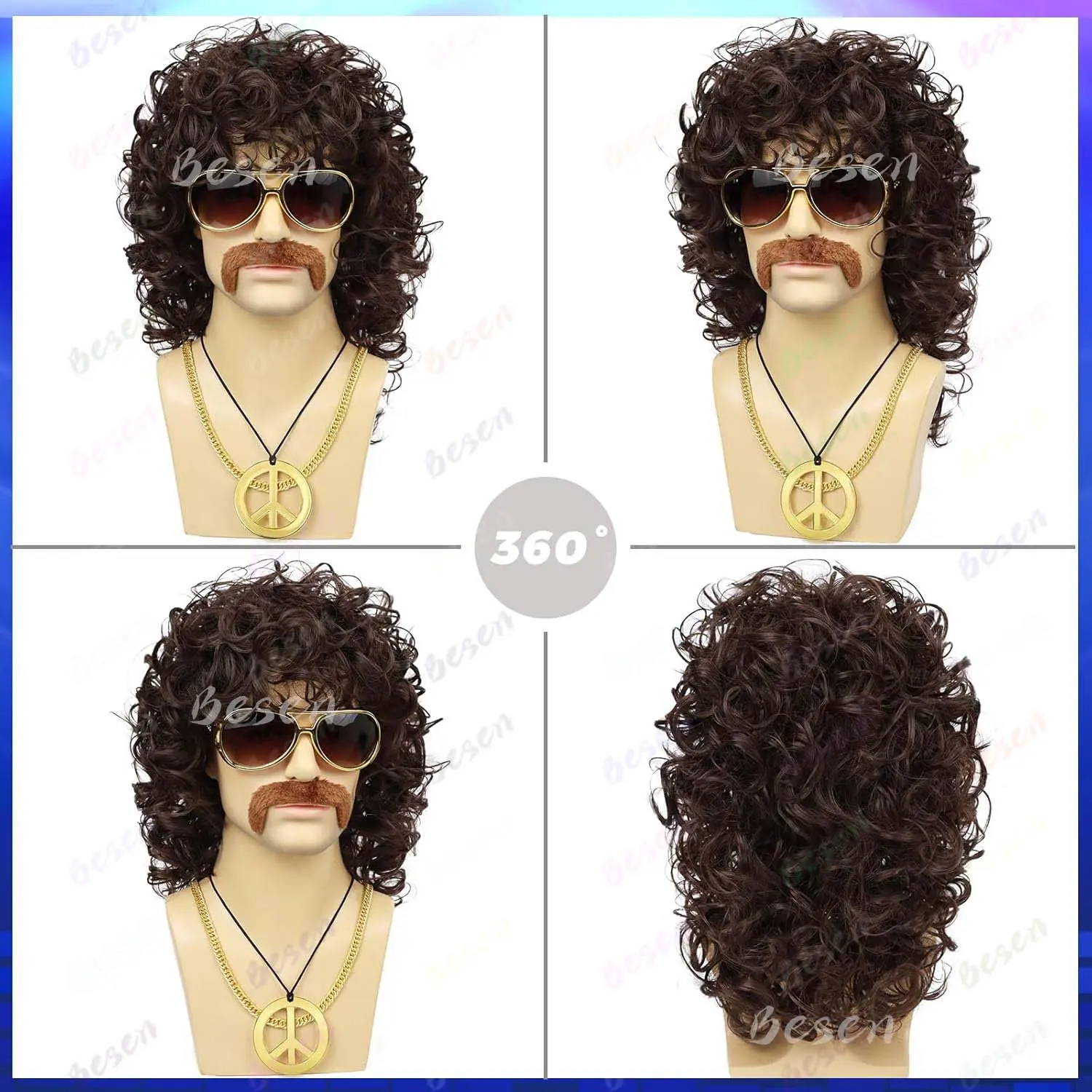 Synthetic Mens Wig Glasses Necklace Mustache Mullet Wig Long Jerry Curly Wigs for 70s Disco Party Cosplay Use(Black,Brown Wig)