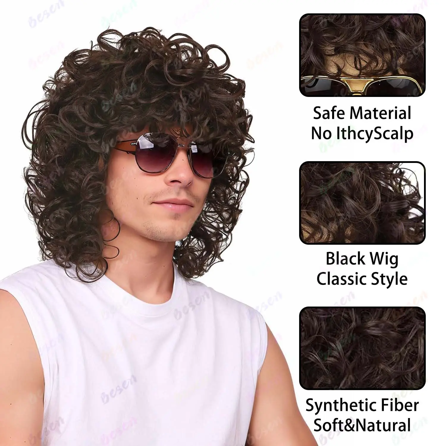 Synthetic Mens Wig Glasses Necklace Mustache Mullet Wig Long Jerry Curly Wigs for 70s Disco Party Cosplay Use(Black,Brown Wig)