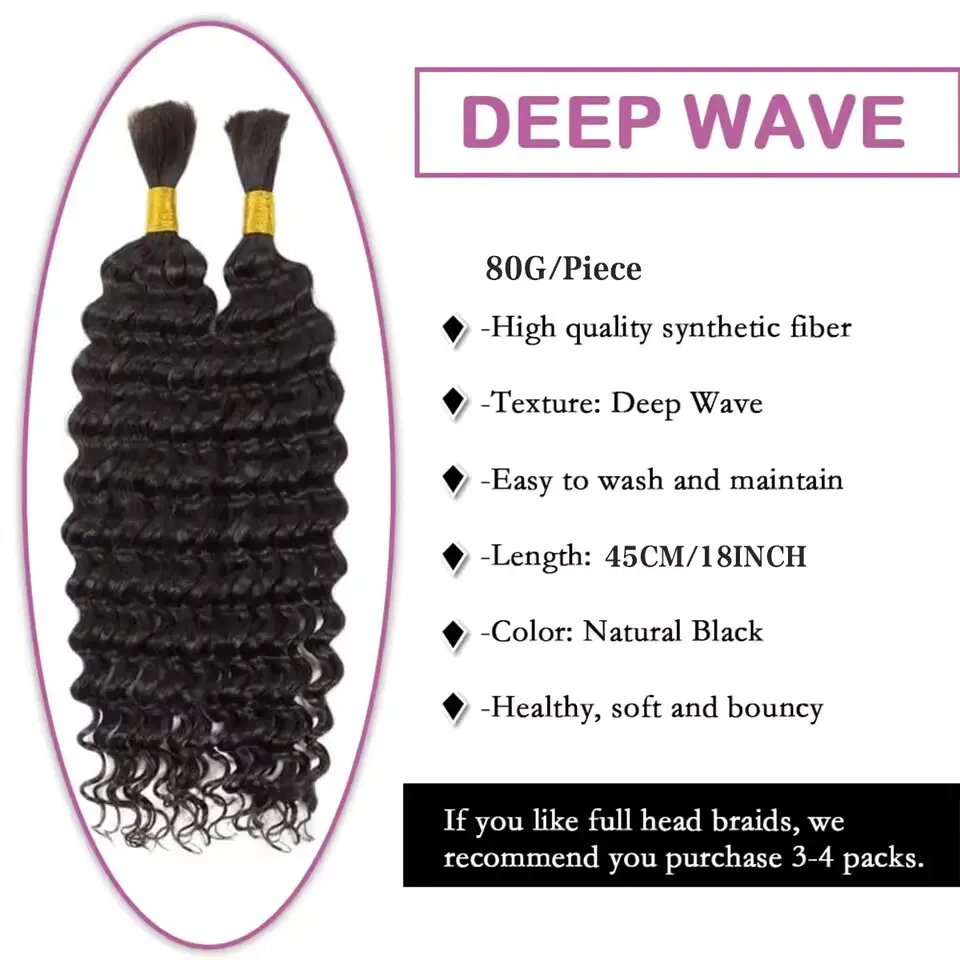 Synthetic 18" Deep Wave Bulk hair For Braiding 160g No Weft Deep Wave For Braiding Micro Faux Braiding Hair for Boho Braids Wet