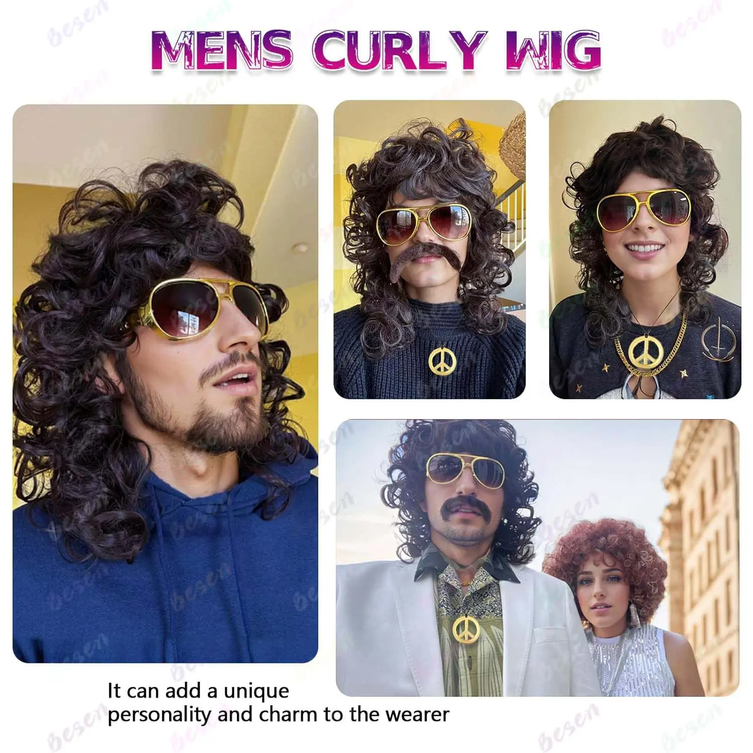 Synthetic Mens Wig Glasses Necklace Mustache Mullet Wig Long Jerry Curly Wigs for 70s Disco Party Cosplay Use(Black,Brown Wig)